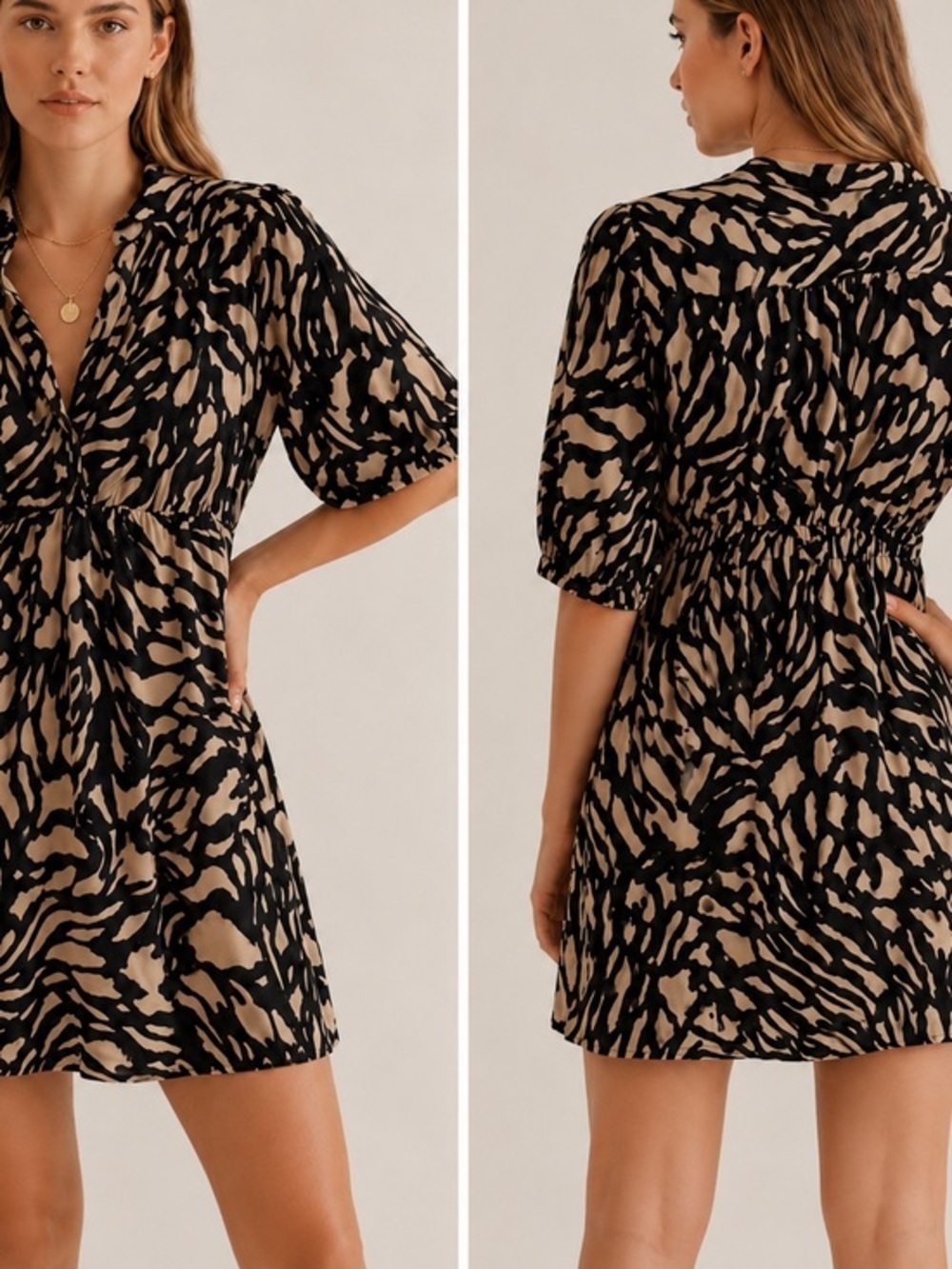 BA&SH Groove Graphic Print Shirt Black Tan Boho Mini Dress